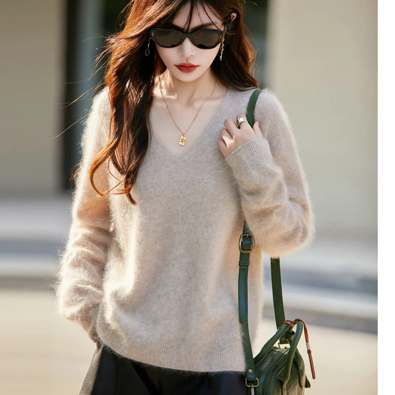 WinvyNee Women Tops Brushed Cashmere Wool Sweaters Winter V Neck Pink Warm Causal Knitted Tops Pullovers Solid Jumpers A1713002A