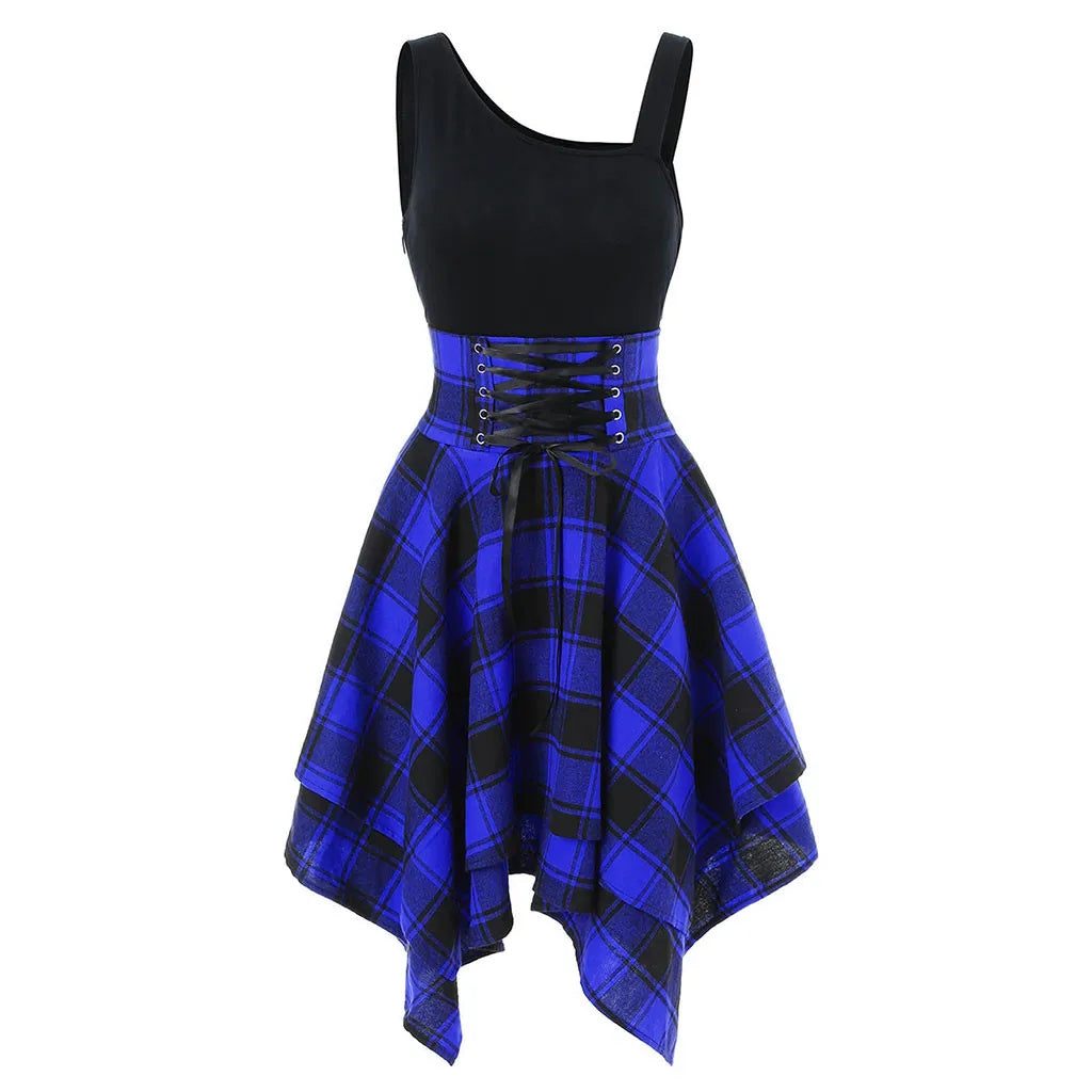 Elegant Classy Dresses For Women 2024 Sleeveless Cold Shoulder Cross Lace Up Plaid Print Irregular A-Line Dresses