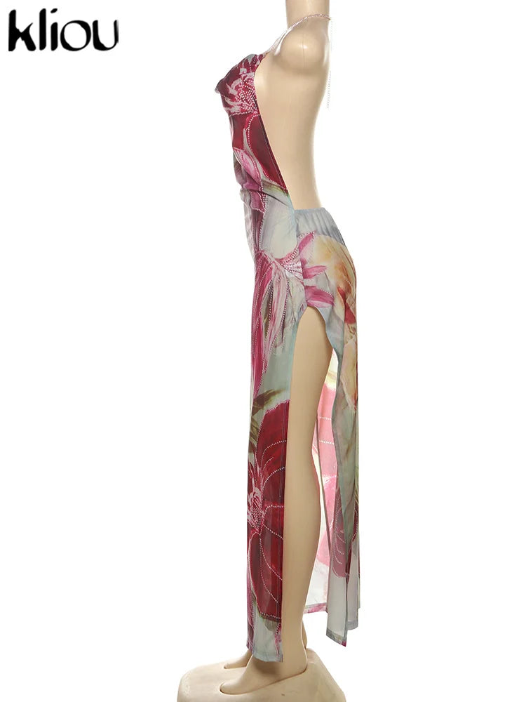 kliou Floral Print Women Dress Vacation Beach Style Suspendency Backless Halter Split Thin Vestidos Female Trend Attractive Wear