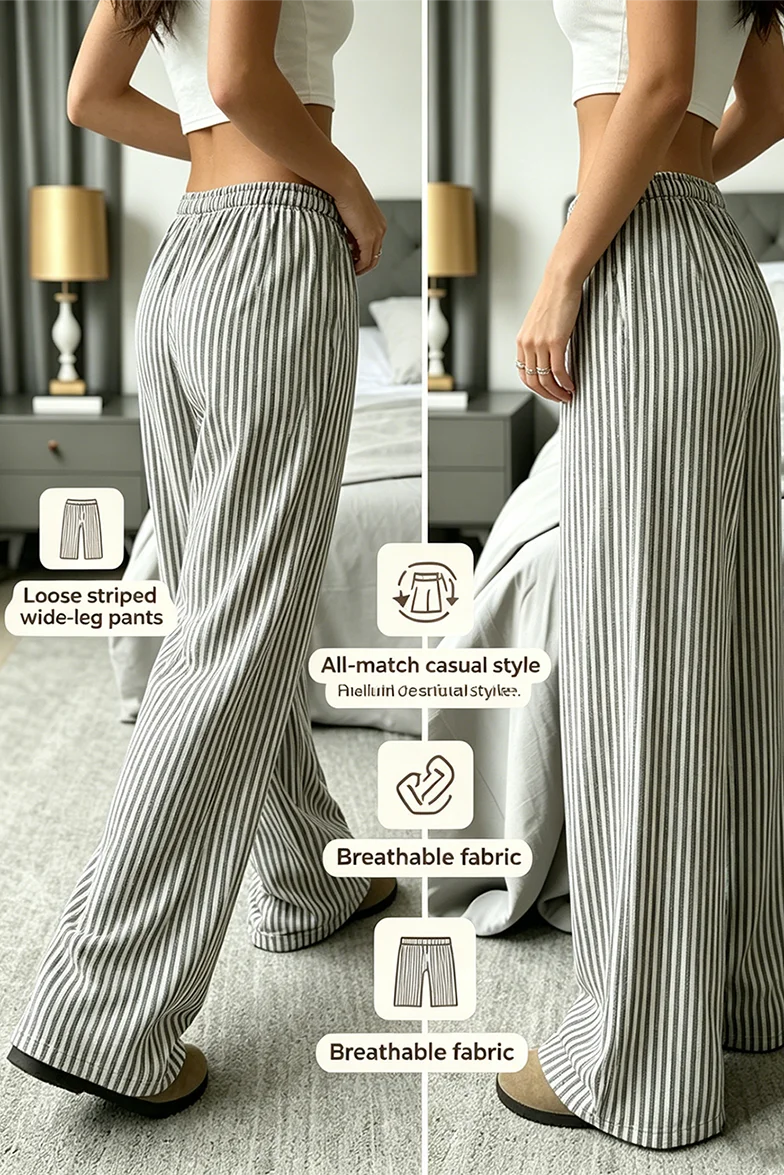 Striped trousers loose straight casual pants new Joker home pants women's four-season pants can be worn outside.