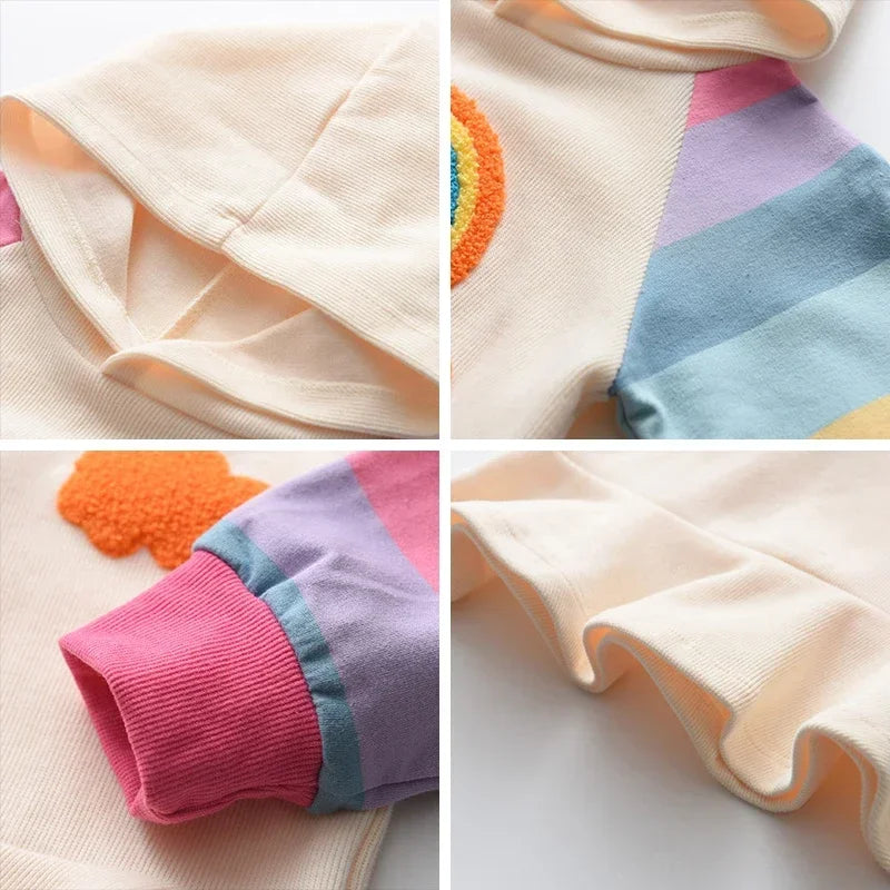 Autumn Rainbow Dress Baby Girls Party Princess Dress Korean Version Long Sleeves Kids Clothes Casual Hooded Sweatshirt Outfits
