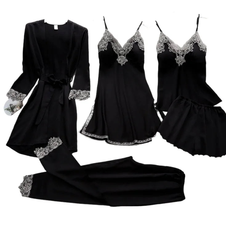 Girls Fashionable Sexy Pajamas Women's Erotic Set 5-piece Set Sexy Lace Lingerie Ladies Loungewear Set Cocktail Party Lace Skirt