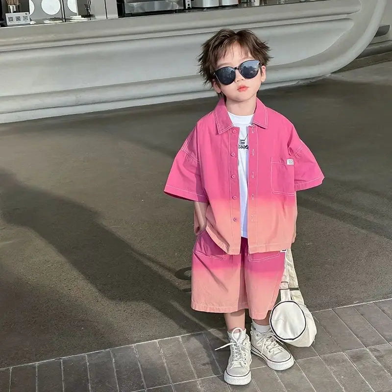 2026 New Boys Fashion Gradient Pink Shirt Shorts Set Loose Fit Casual Kids Two Piece Outfit Breathable Children's Streetwear 3-8