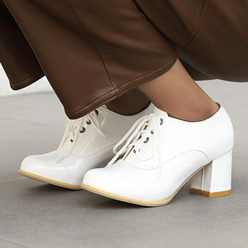 Women's Purple High Heels Loafer Shoes Fashion Lace-up Black White Block Heeled Party Wedding Office Shoes Female Big Size 45