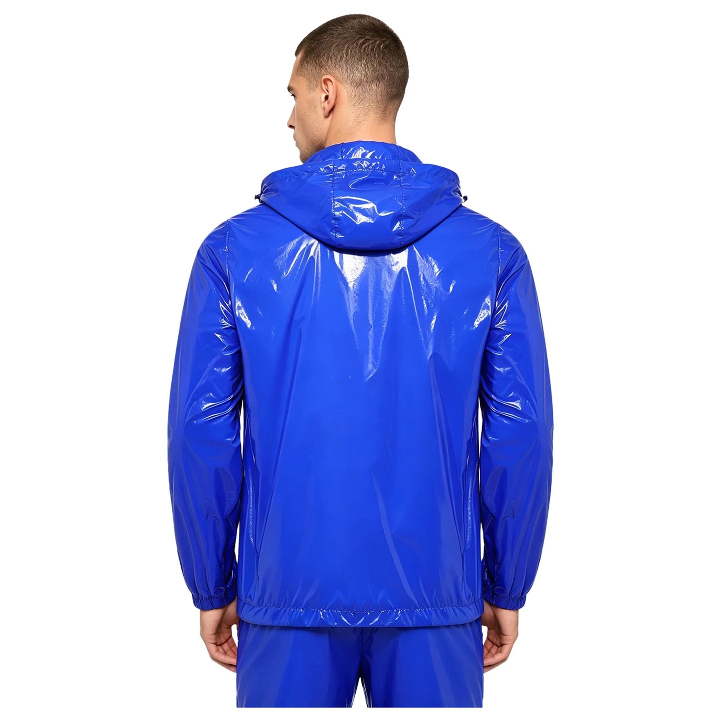 Men Shiny Glossy Hooded Jacket Windbreaker Raincoat for Hiking Fishing Biking Long Sleeve Front Zip-up Drawstring Hood Outerwear