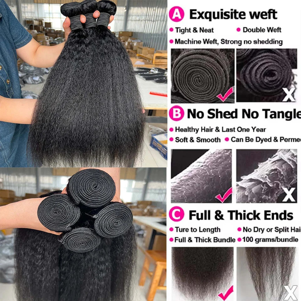 8-40 Kinky Straight Human Hair Bundles Coarse Yaki Weave Bundles Brazilian Raw Human Hair Extensions Sale for Women Double Weft