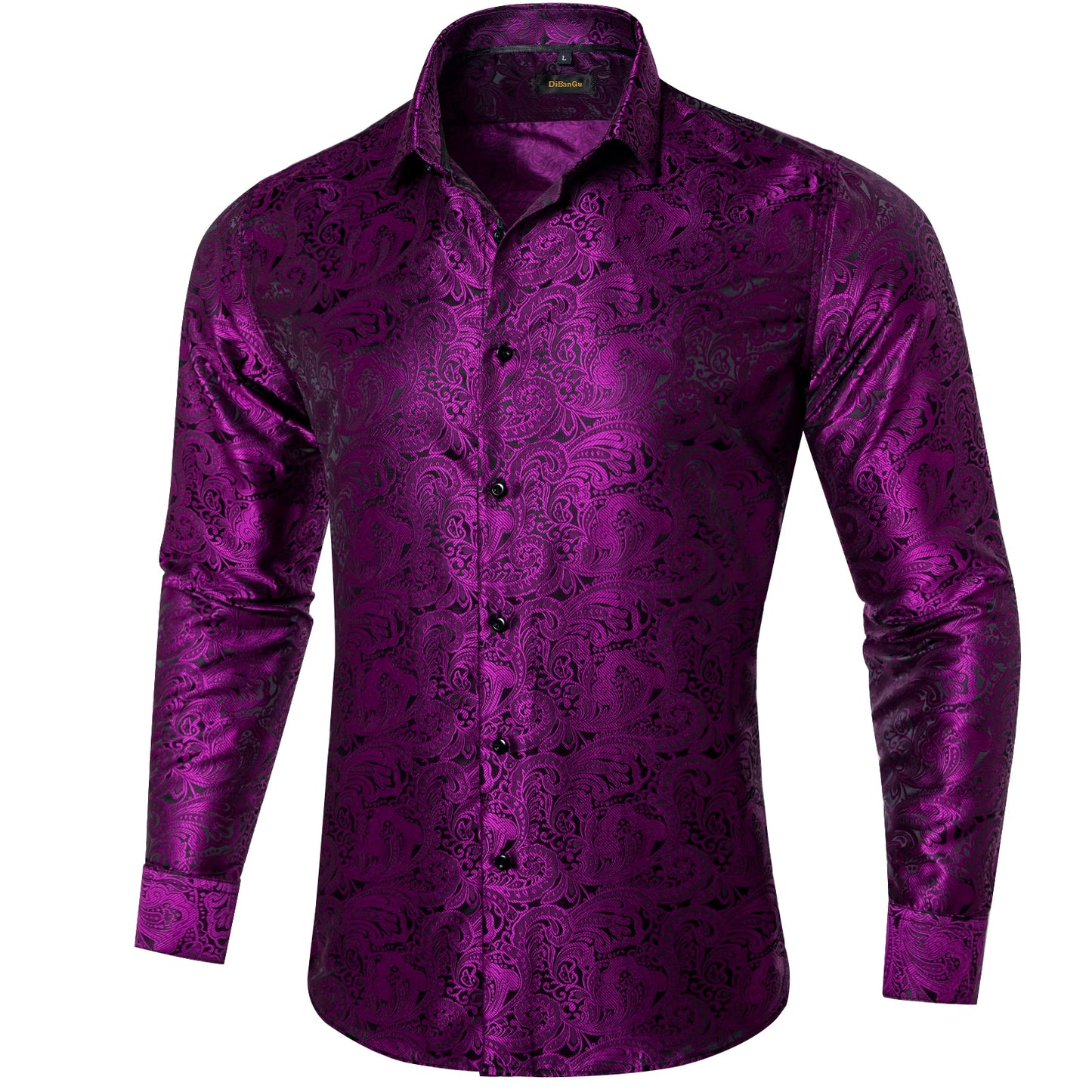 Luxury Purple Paisley Polyester Shirts for Men Long Sleeve Wedding Prom Men Clothing Button Down Collar Social Dress Shirt