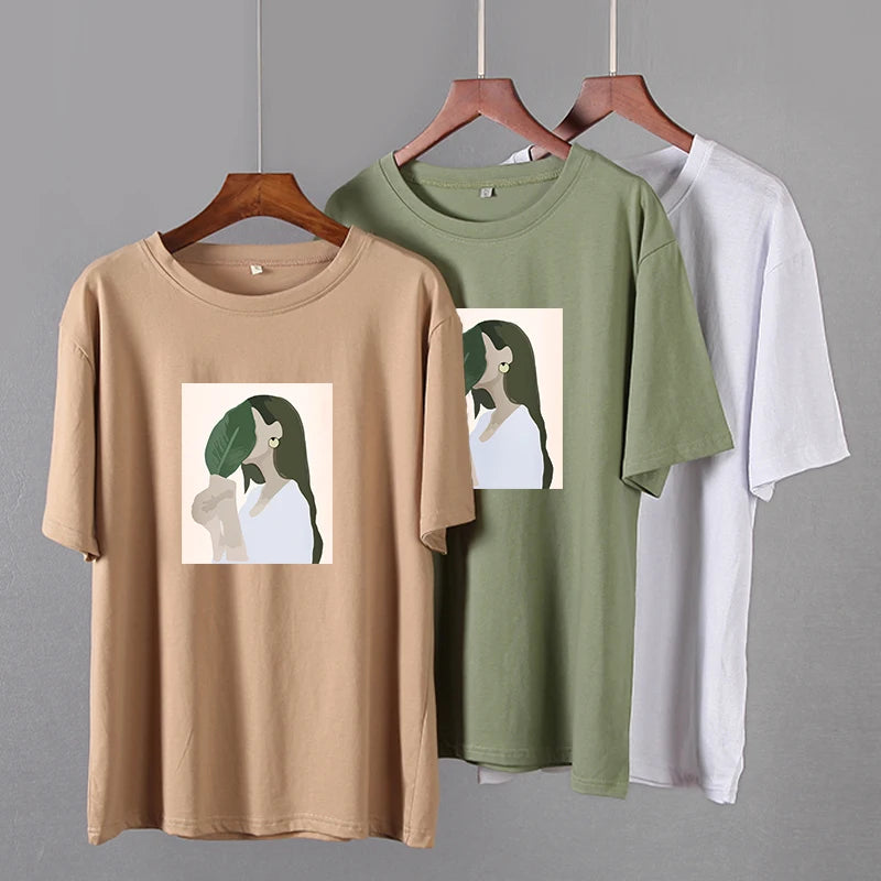 Hirsionsan Harajuku Printed T Shirt Women 2023 Summer Chic Tees 100% Cotton Elegant Graphic Clothes Loose Casual Pullover Tops