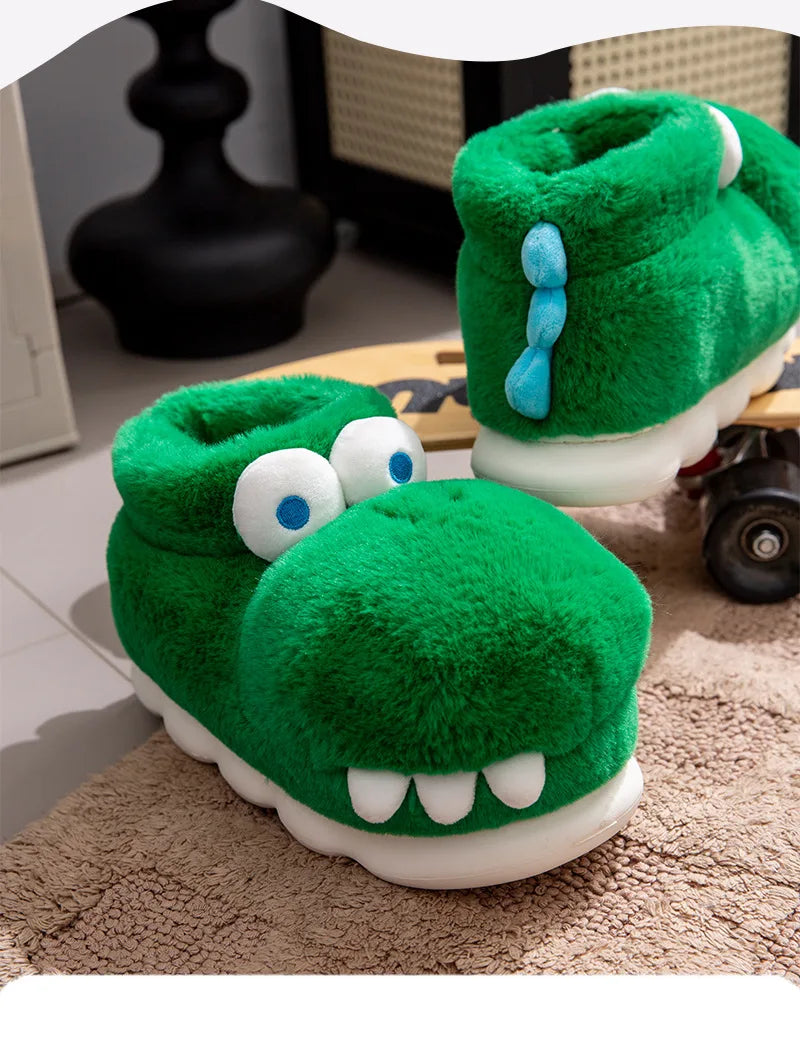 Unisex Men's Cartoon Animal Furry Bedroom Boot Shoes Warm Novelty Outdoor Slipper with Grippers New Adults Fun Alligator Slipper