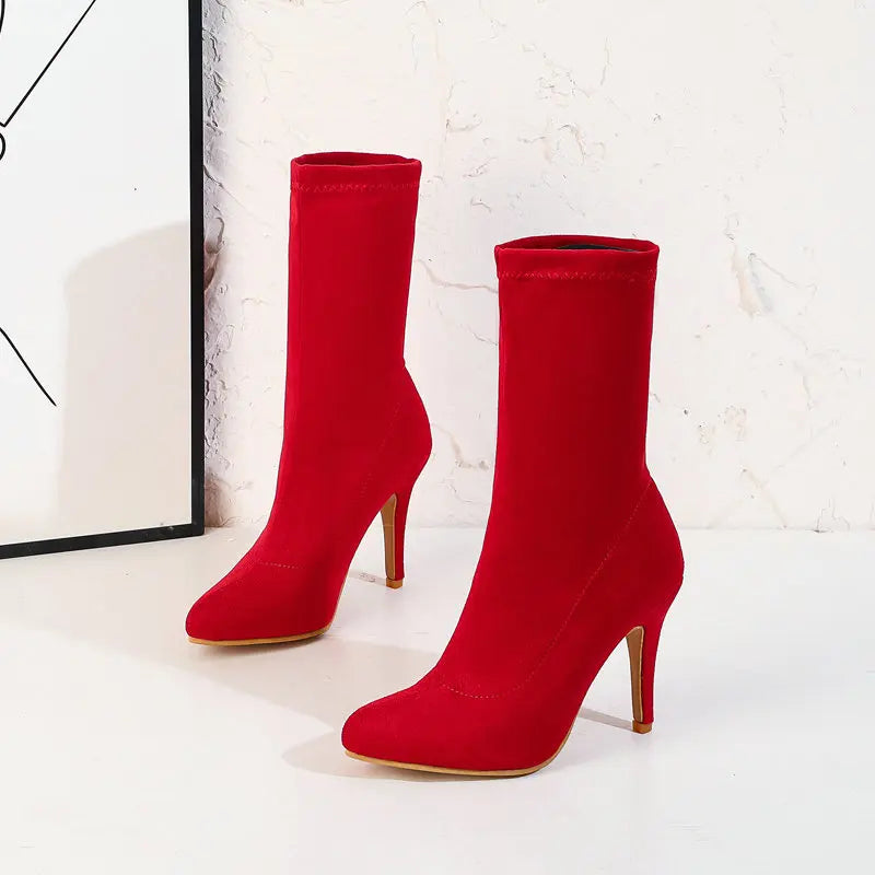 2023 Autumn Winter Sock Short Boots Lady Mid-Calf Thin High Heels Large Size 46 Fashion Women Shoes Elastic Flock Pointed Boots