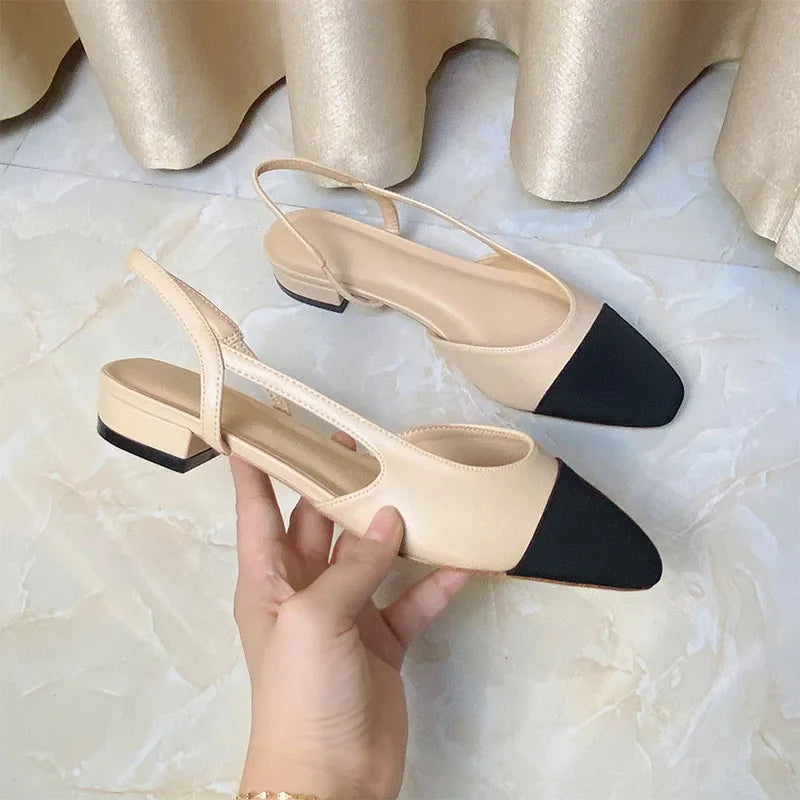 2023Spring Autumn Fashion High Heels Sandals Women's Dress Square Toe Slingback Shoes Women's Color Block Back With Flat Sandals