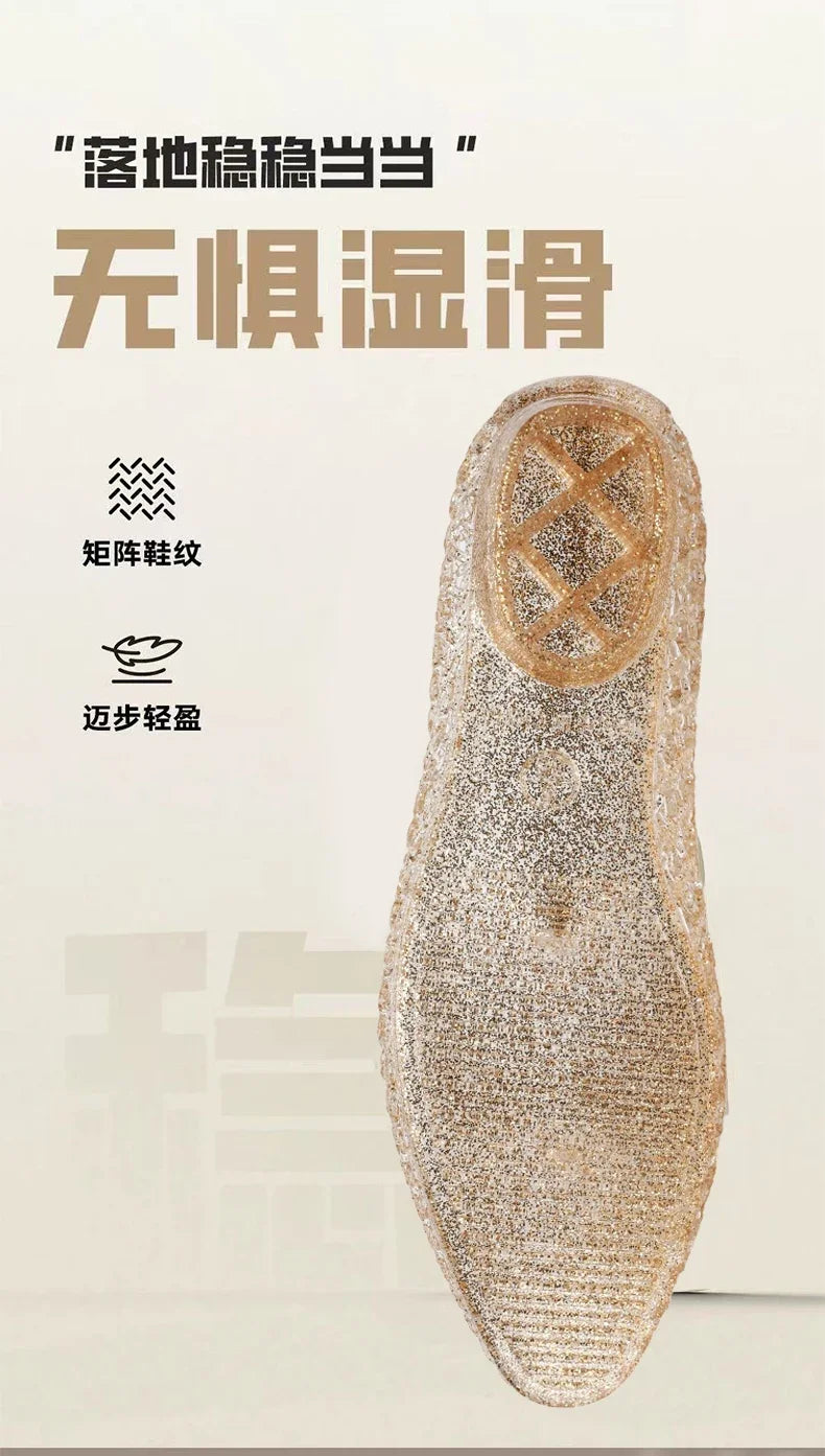 Summer Flat Sandals Women Hollow Out Crystal Plastic Jelly Shoes Mesh Outdoor Sandals