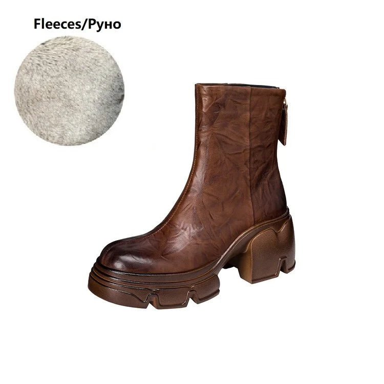 NEW Autumn Women Boots Genuine Leather Shoes for Women Round Toe Chunky Heel Shoes Concise Zip Platform Boots Soft Daily Shoes