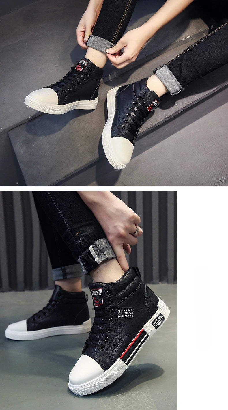 Fashion Leather Men Canvas Shoes Casual High-Top Shoes Autumn Men Non-Slip Tennis Sneakers Summer Flat Shoes Zapatillas