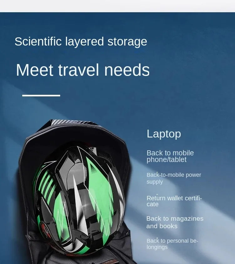 LED Motorcycle Rider Backpack Eyes Glow pattern carbon fiber texture helmet locomotive backpack school bag Moto Laptop backpack