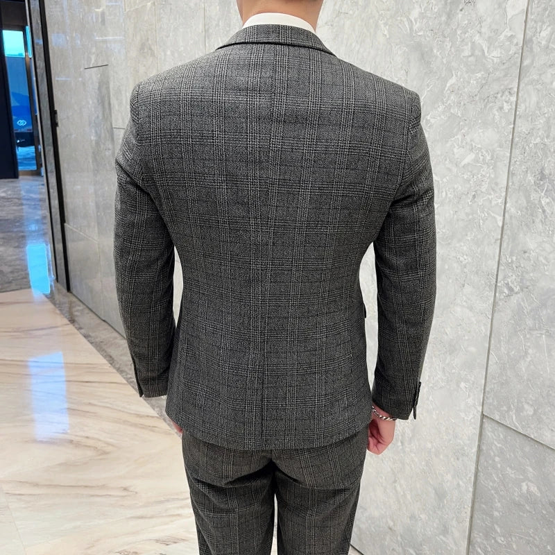 2023 Men's British Fashion Three-piece Set Slim Fit Suit Vest Trousers Ensemble Handsome Trendy All-in-one Banquet Blaze