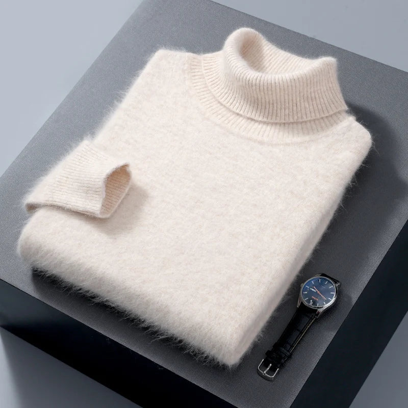 Men's 100% Mink Cashmere Sweater High Lapel Thick Knitted Pullover Casual Large Size Middle-Aged Sweater Autumn Winter New Tops