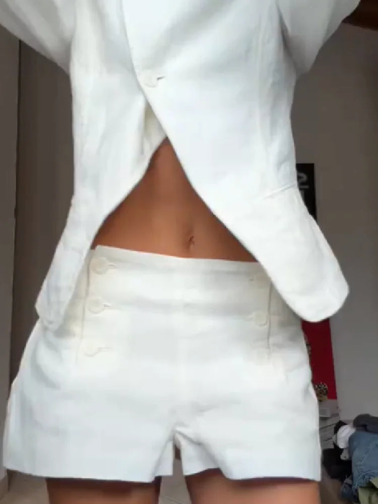 Women's Elegant White Linen Two-piece Outfit Asymmetric Long Sleeved Stand Collar Blazer Jacket Cozy High Waist Shorts Set