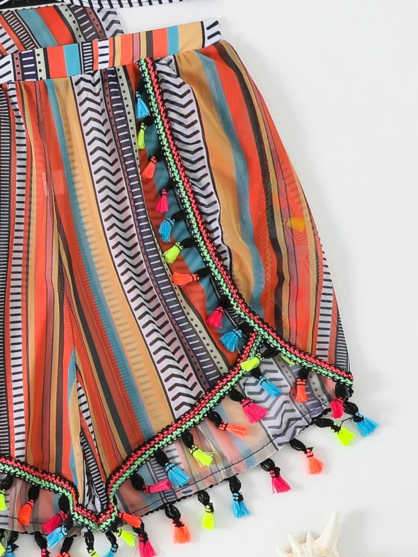 4 Pieces Bikini Set with Halter Neck Straps Sexy Fringe Detail Swimwear Beach Party Set Beachwear Bathing Suits Summer Clothing
