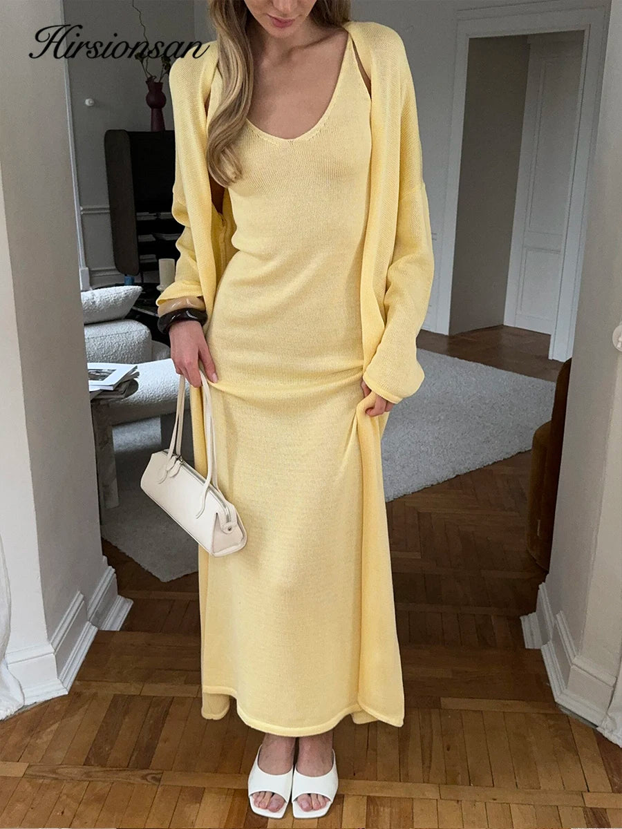 Hirsionsan Soft Loose Sets Women Three Pieces Long Sleeve Cardigan & Sexy Vest Dresses Elegant Female Hollow Outfits Tracksuit