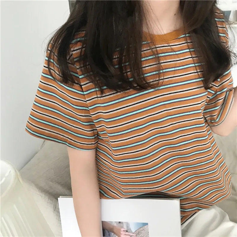 MRMT 2026 Brand New Women's Striped t-Shirts Contrast Color Striped Women t Shirt Loose Woman Bottoming Shirts Tops Tees