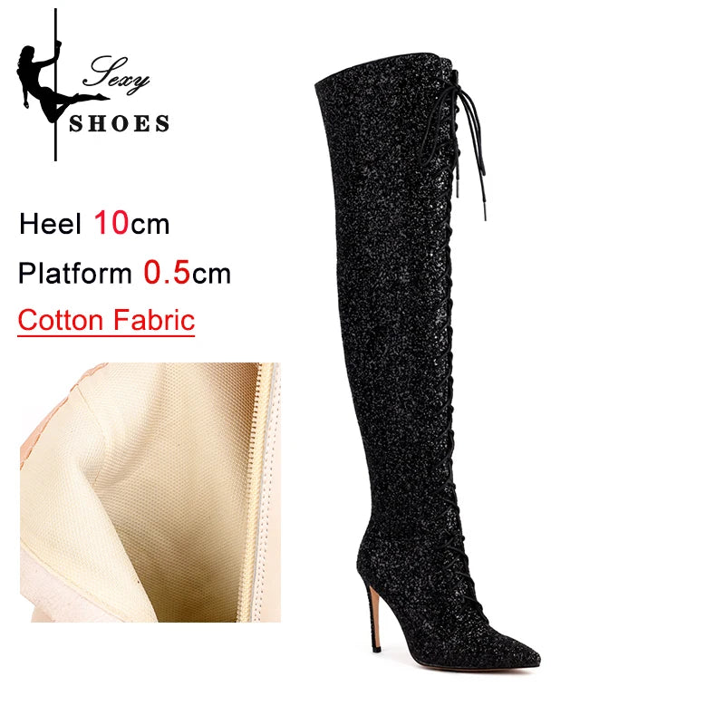 10CM Night Club Over The Knee Boots Sequins Thin High Heels Fashion Lady Pointed Long Boots Autumn Winter Party Shoes For Women