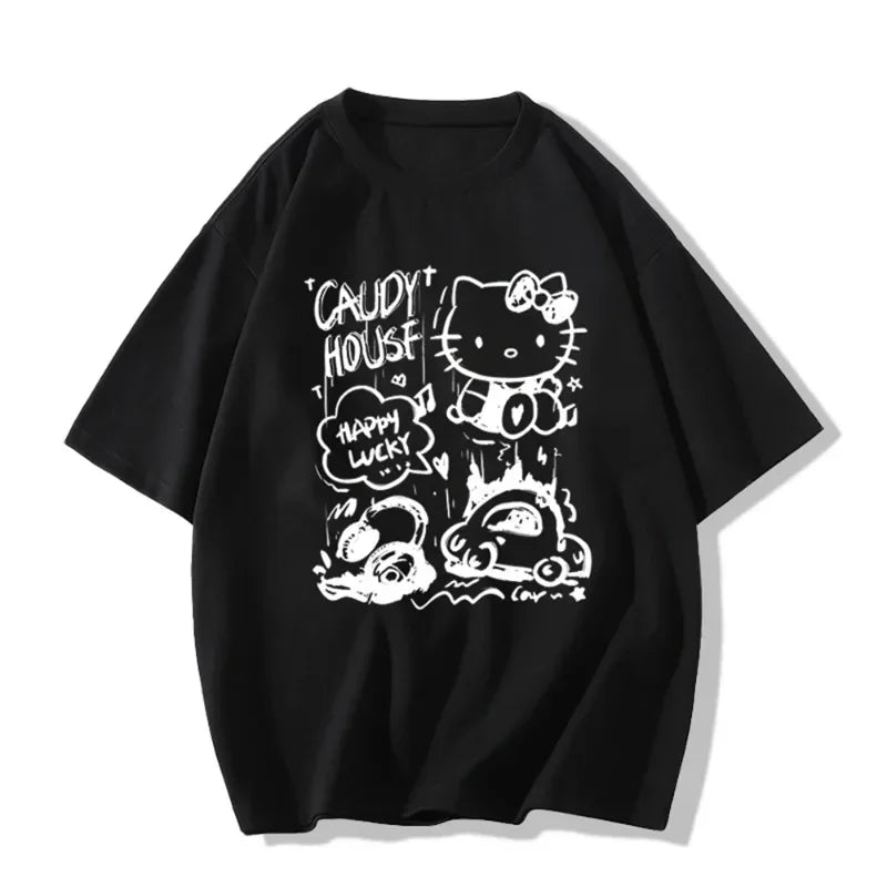 Fashion Hello Kitty Printed Design Kids T-shirt Loose Edition Women's Casual Summer Top Y2k Short Sleeve Trendy Harajuku Top