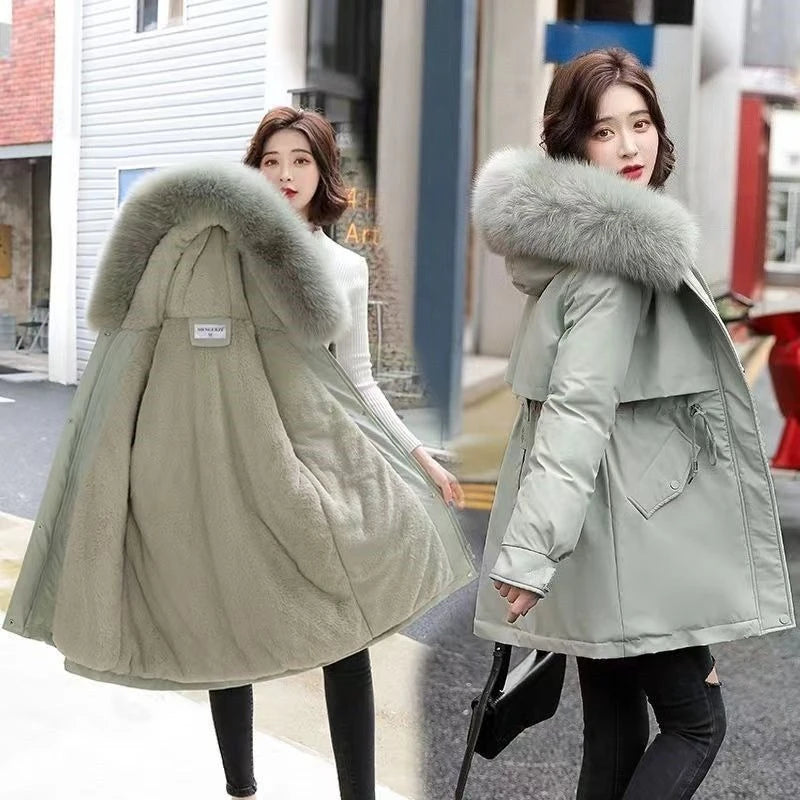 2025 Winter Women's Parka Cotton Padded Coat Korean Style Mid Length Waist Cinching Thickened for Cold Suitable for Short Girls