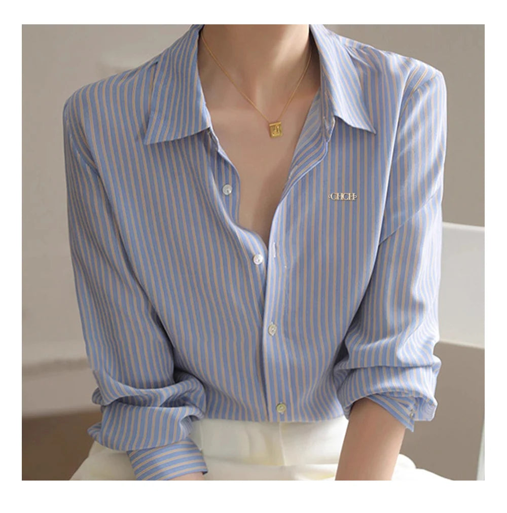 Long Sleeved Women's Shirt New Popular Classic High Grade Female Shirt Vintage Elegant Stripe Versatile Office Lady Fashion Tops