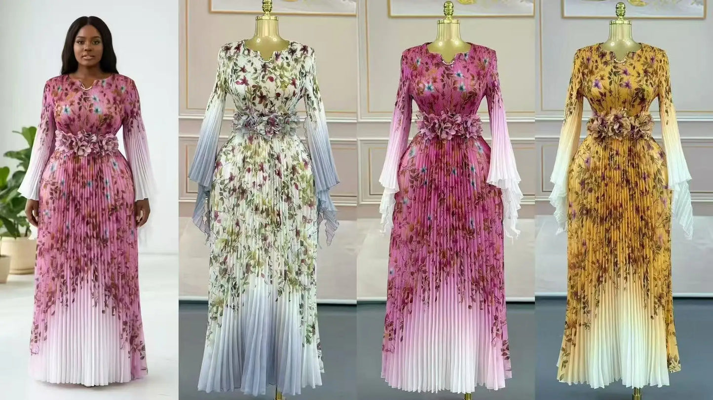 Miyake 2025 African Elegant Dress Autumn Dress New Temperament Celebrity Waist Fashion Long Dress Women's Clothing