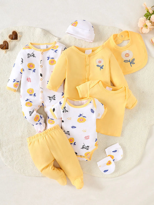 8-Piece Newborn Baby Romper Set, Made of 100% Pure Cotton, Soft and Breathable. Features a Yellow Floral Pattern, Suitable for N