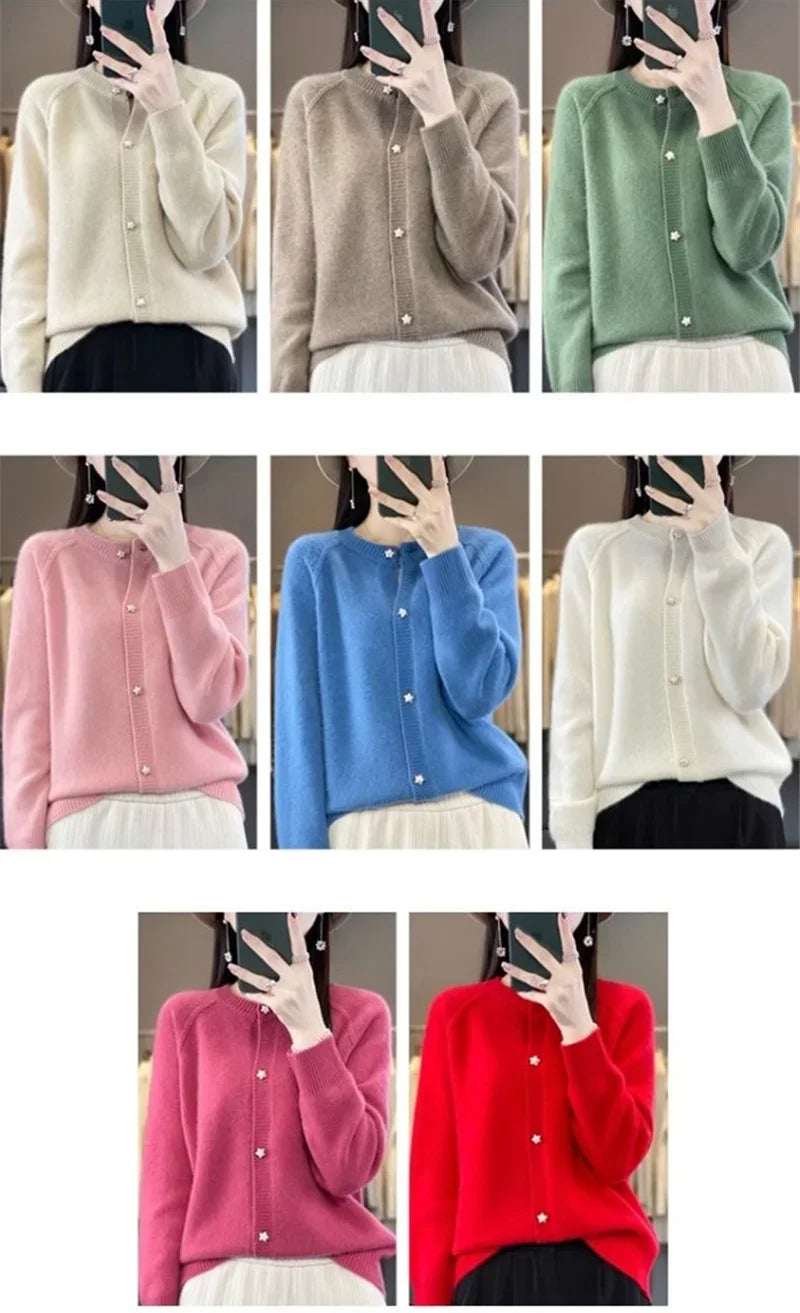 New Women Cardigan Sweater Autumn/Winter Round Neck Star Button Solid Knit Bottoming Shirt Jacket Quality Knitwear Female Tops
