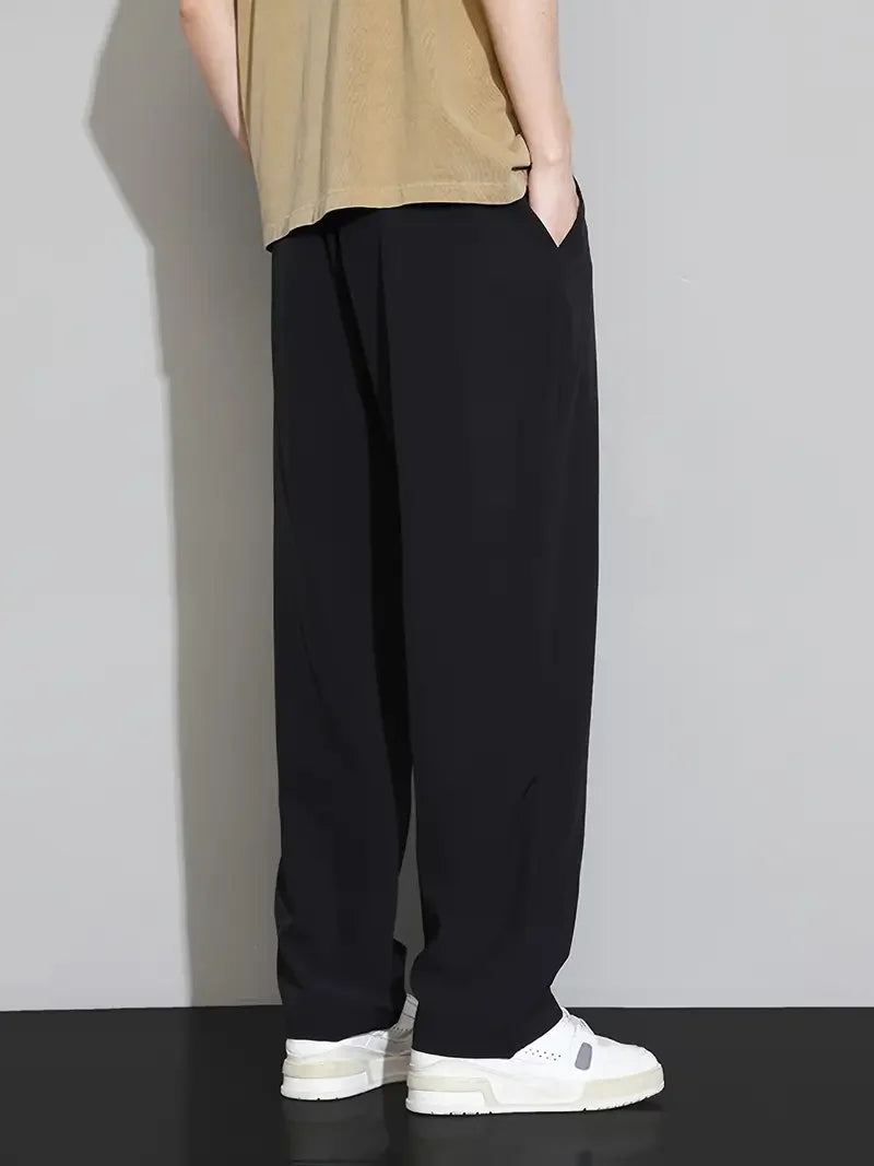 Summer New Arrival Men's Ice Silk Wide Leg Pants - Black Lightweight Breathable Quick-Dry Long Trousers (Cross-Border Exclusive)