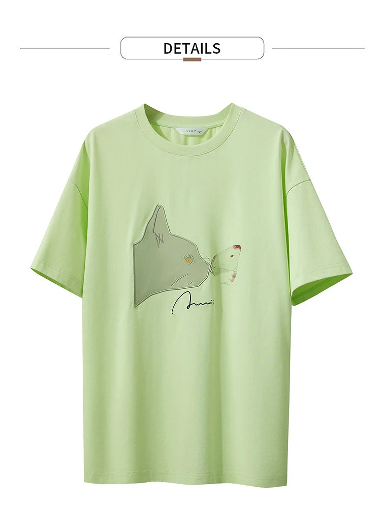 AMII Summer Casual T-shirt for Women 2025 Print Round Neck Short Sleeve Shirts Lady Fashion New Loose Clothes Woman 12522007