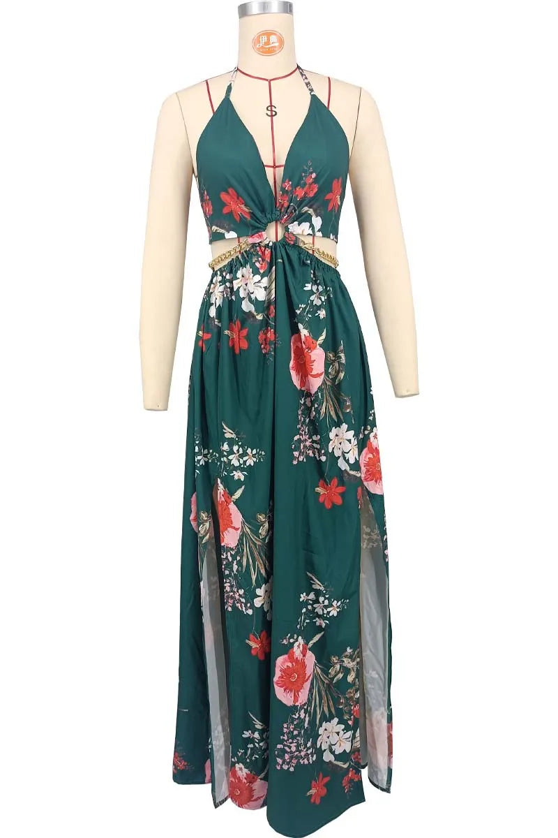 CM.YAYA Elegant Women Floral Halter V-neck Backless Cut Out Waist Chain Sleeveless High Side Split Fit Flare Maxi Long Dresses