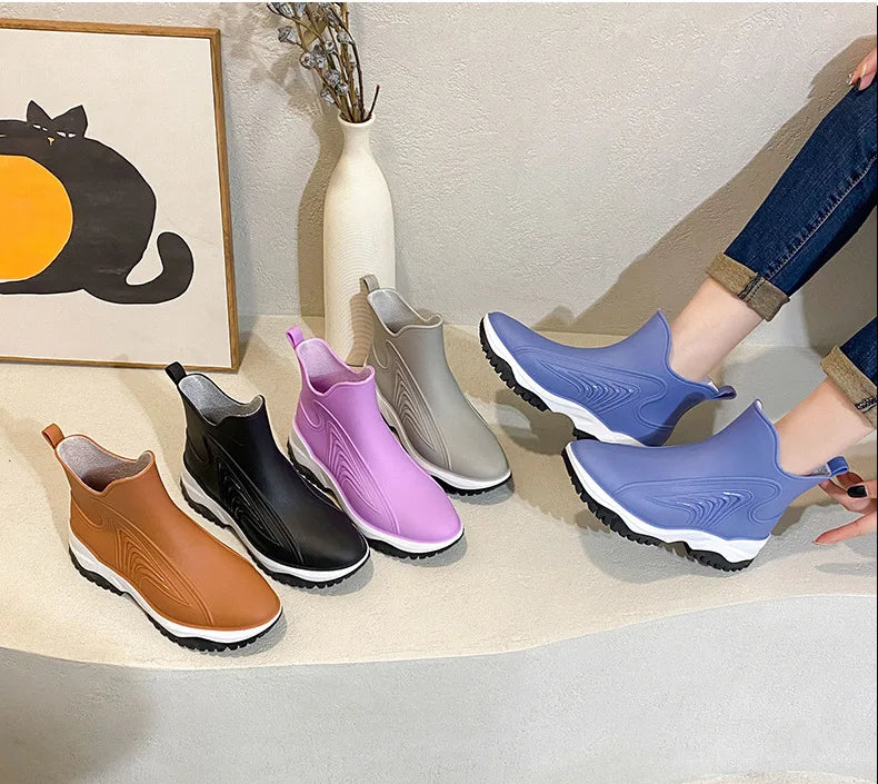 Women Rainboots Slip-on Waterproof Girls Ankle Boots PVC Anti-Slip Spring Autumn Rain Shoes Platform Woman Fishing Rubber Shoes
