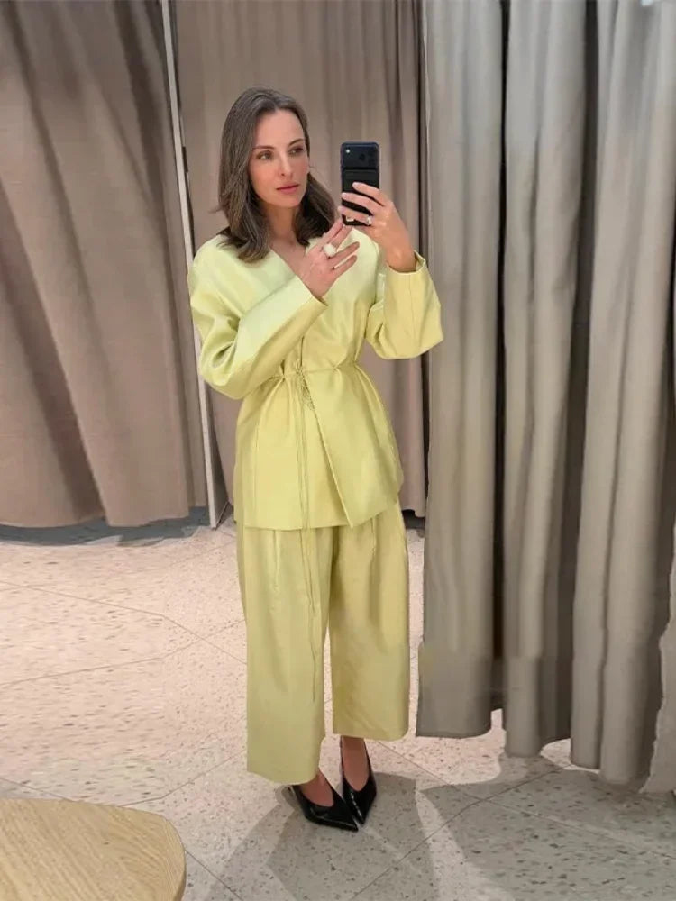 Women Elegant Solid Lace-up Blazer Set Lady Chic V-neck Full Sleeve Loose Coat Wide-leg Pants Suit 2026 Casual Commute Outfit