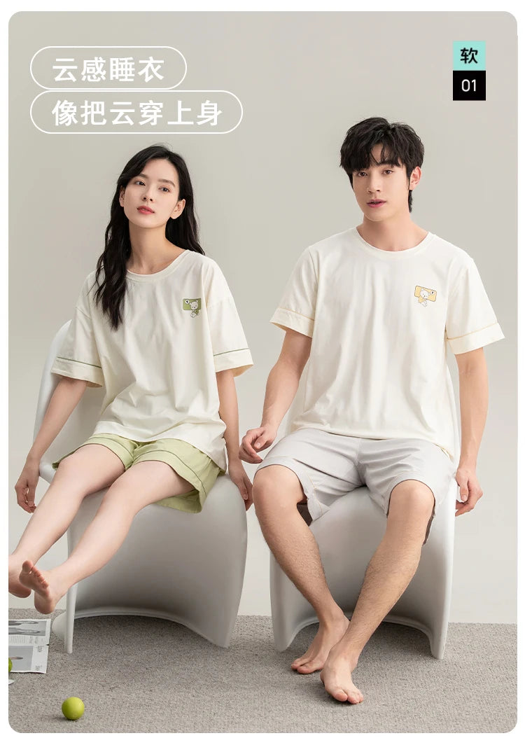 Couple Pajamas Set Summer Short-Sleeved Sleepwear 100% Cotton Men and Women Pyjamas