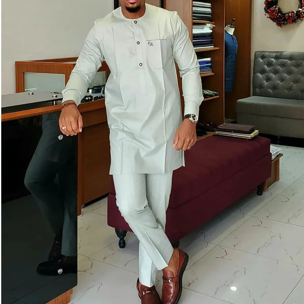 African Traditional Man Outfit Men 2PCS Suits Long-sleeved Round Neck Male Sets Shirt Top Pant Ethnic Style Casual Wear clothing