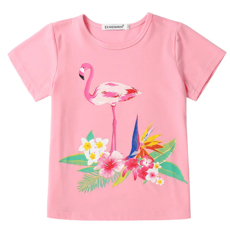Children's Summer Casual Clothing Baby Girls Animals Printed Pink T-Shirts+Shorts Two-Piece For Kids Pajamas Set Home Wear Suits