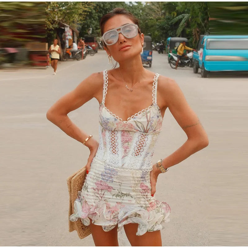 Floral Print Women Mini Skirt Set Lace Sleeveless Hollow Out Cami Shirred Waist Ruffle Hem Short Skirts 2026 Summer Chic Suit