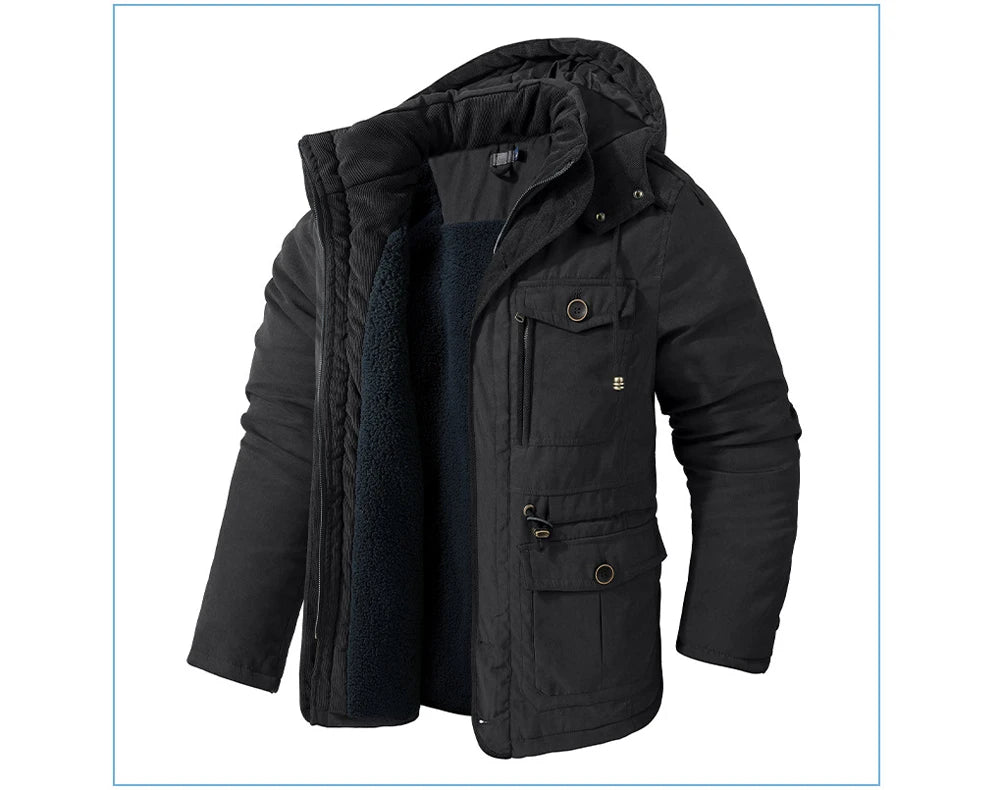 Winter Mens Fleece Warm Jackets Fashion Men Thicken Thermal Tactical Hooded Coats Men Outdoor Multi-pocket Windbreaker Jacket