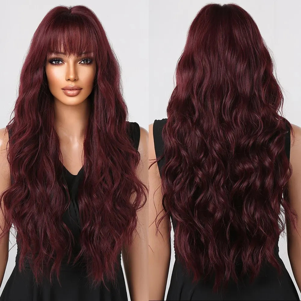 Wine Red Wigs for Women Long Burgundy Wavy Wigs with Bangs Cosplay Party Daily Wig Synthetic Fake Hair High Temperature Wig