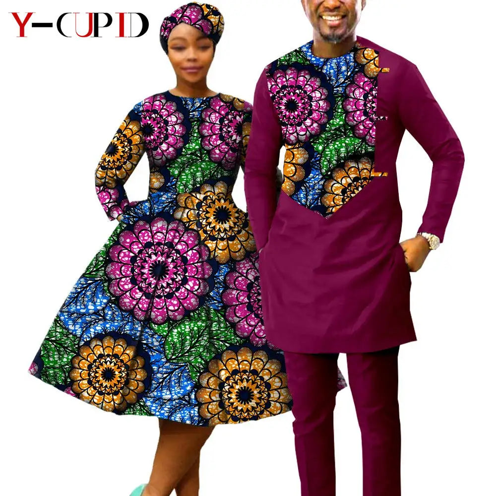 African Print Dresses for Women with Headwrap Matching Couple Outfits Dashiki Men Long Sleeve Pathwork Top and Pant Sets Y23C004
