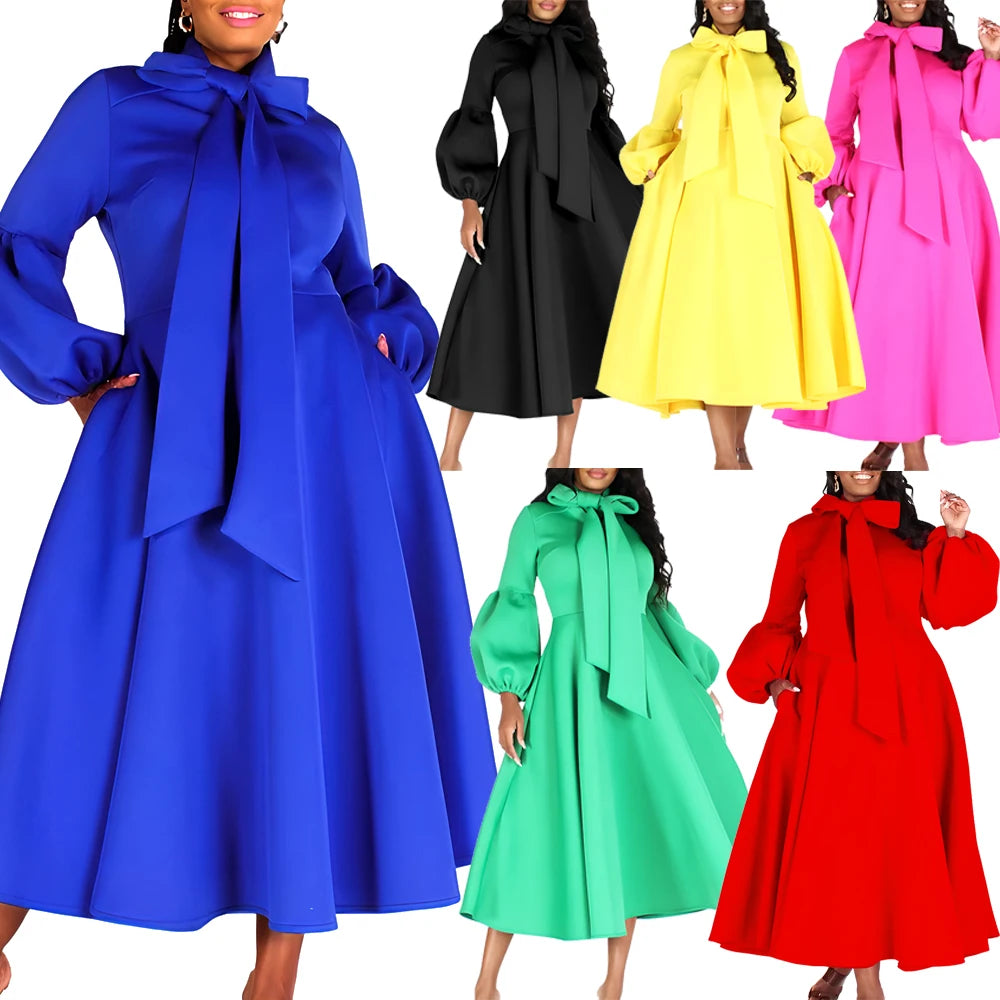 Church Dresses for Black Women African Vintage Fashion Bow Neck Formal Party Dress Ladies Elegant Swing Evening Dress Nice