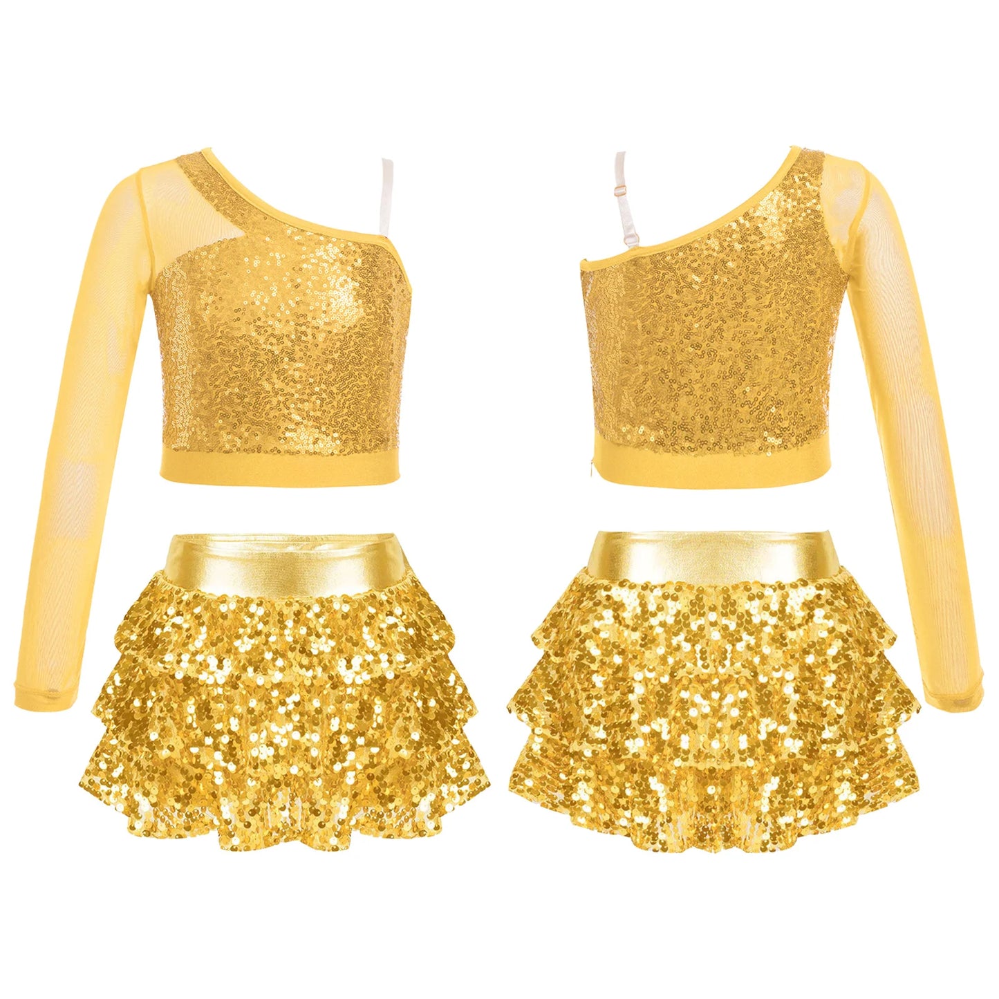 Kids Girls Dance Dresses Latin Jazz Modern Dance Show Costume Sequin Long Sleeve Crop Tops and Skirted Culottes Cheer Dancewear