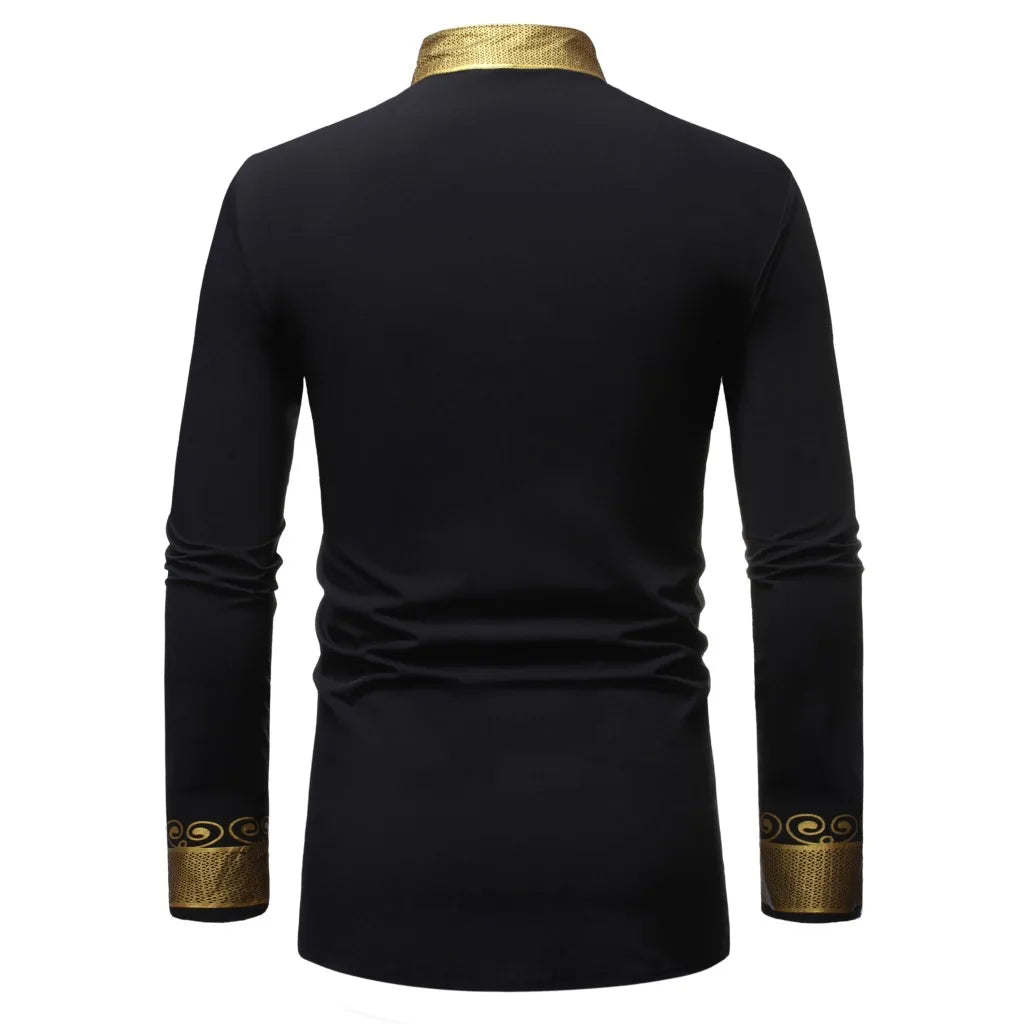 Men's Shirts Fashion Long Sleeve African Turkish Chieftain Print Robe Male Casual Blouses Traditional Ethnic Style Muslim Shirts