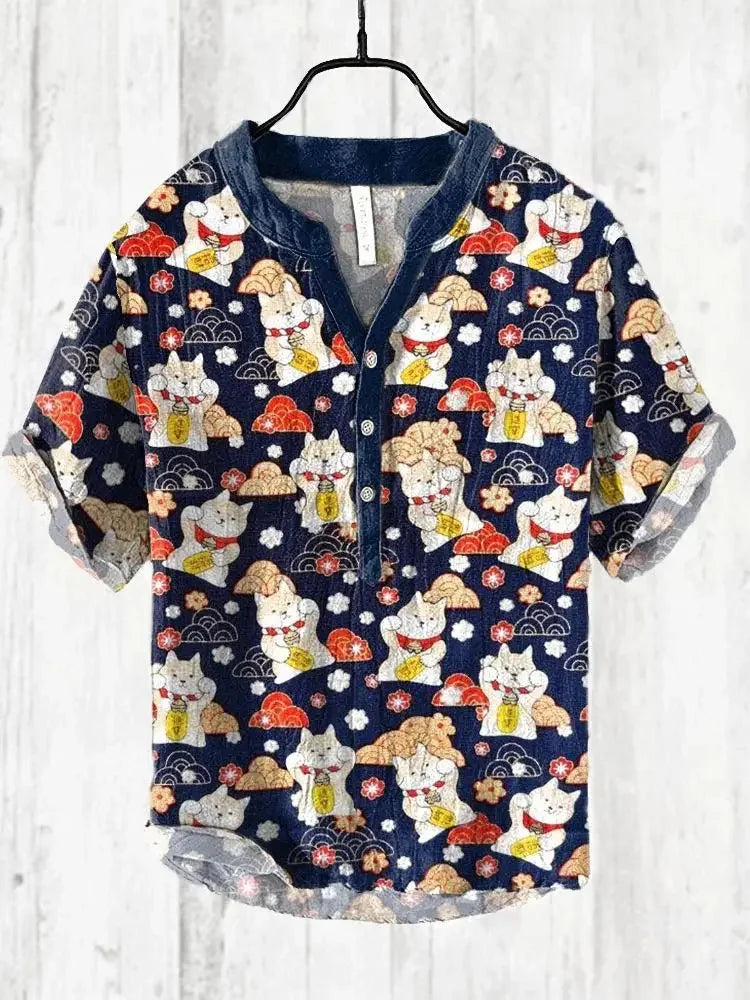 2025 New men's Linen short-sleeved Shirt Fashion Casual Printed Tops European And American Popular Style men's Clothing