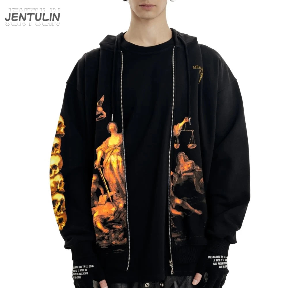 Streetwear Men Zipper Hoodie justice Graphic Print Zip Hooded Pullover Sweatshirt Hip Hop Jacket Y2K Coat Clothing Goth Top Punk