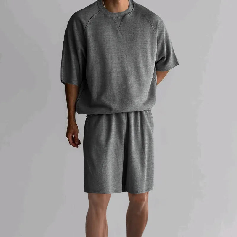 New 2026 Summer Men's Two Piece Sets Casual Loose Short Sleeve O Neck Tees and Shorts Tracksuits Men Stylish Solid Color Suits